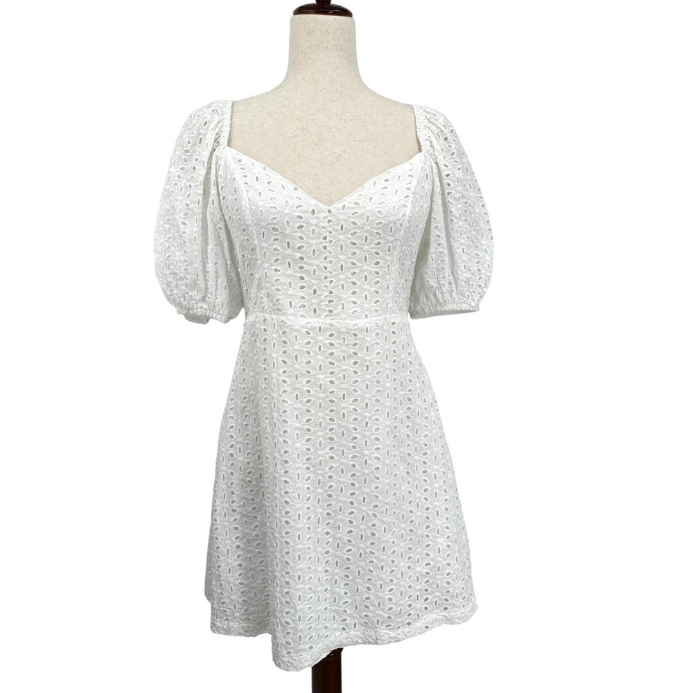 Shein Eyelet Mini Dress White Sweetheart Neck Short Puff Sleeves Women's Large - Picture 1 of 11
